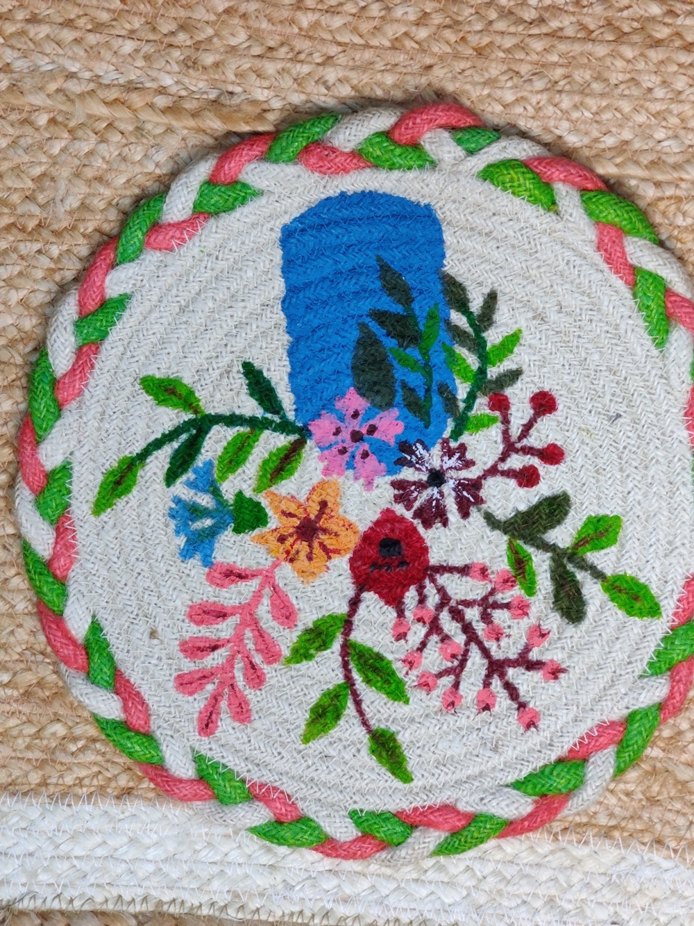 Jute Floral Round Straw Placemat - Blue & Multicolor